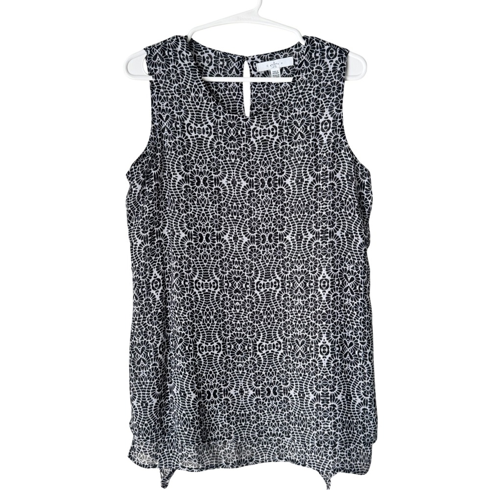 Fever Womens Black White Geometric Floral Medallion Sleeveless Blouse Small